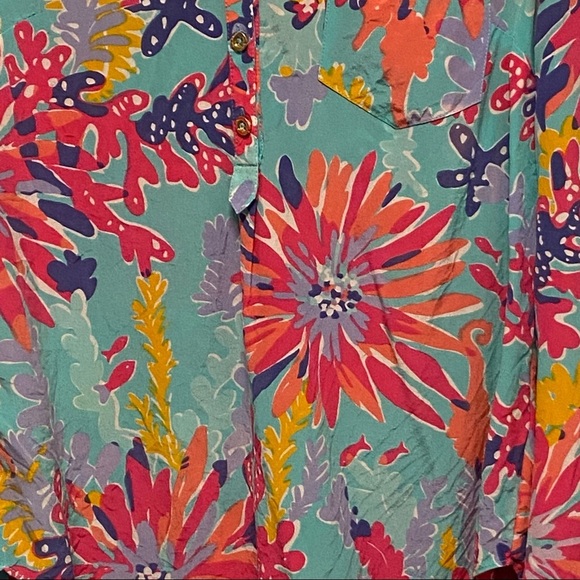 Lilly Pulitzer 100% Silk Floral Long Roll Sleeve Tabs Popover Henley Blouse 4599 - Picture 4 of 9